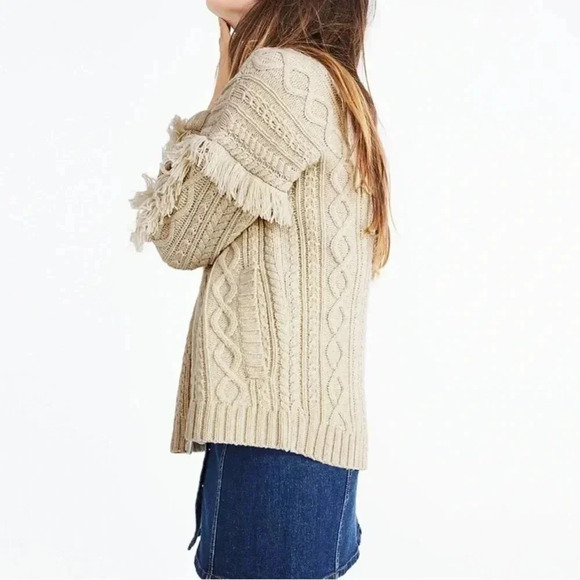 Madewell Cable Knit Fringe Cardigan Sweater 100% Merino Wool Tan Crop - Picture 4 of 13